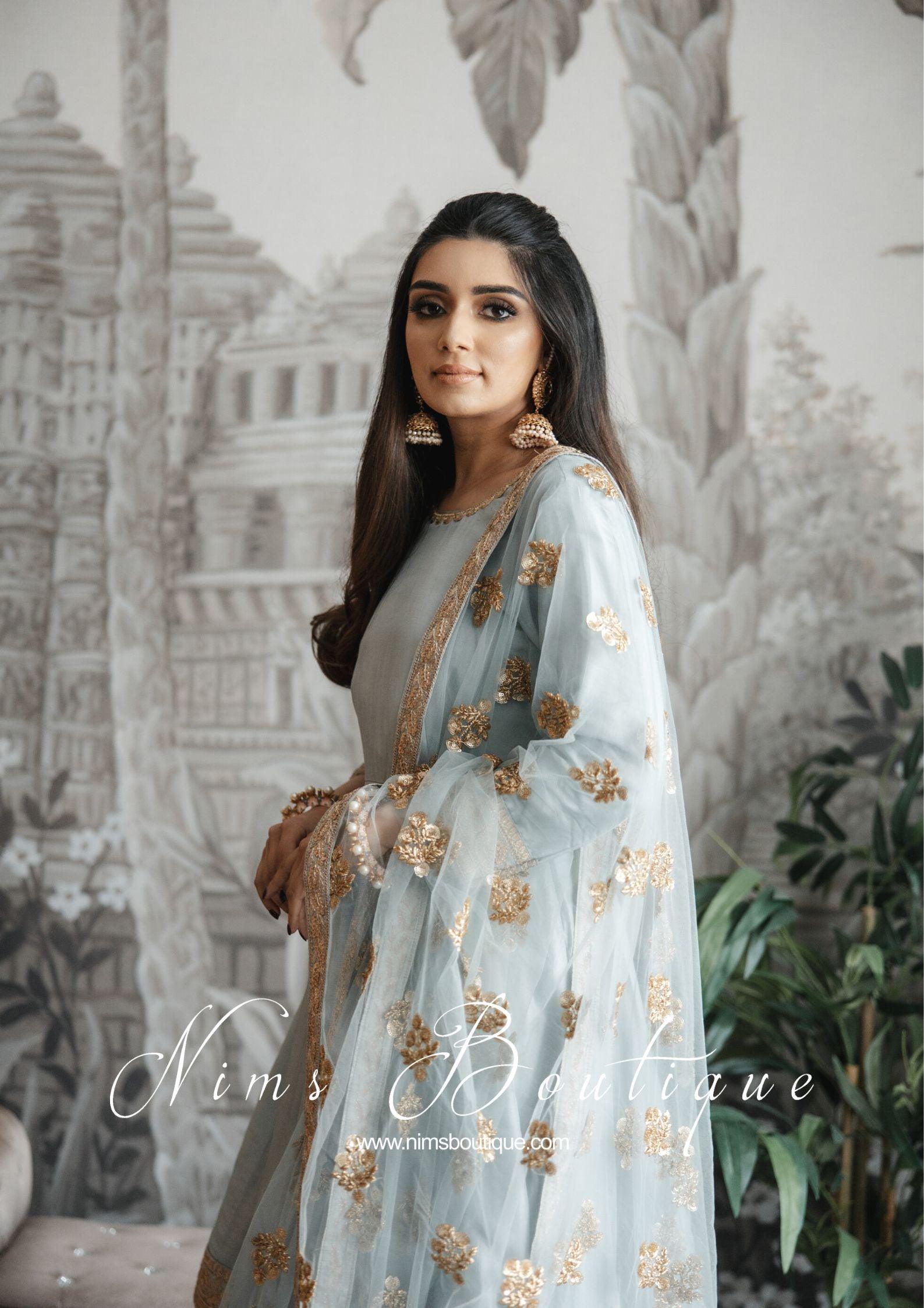 Nims Boutique Rashmi Luxury Grey Silk Anarkali Suit with Pajami size 6-8
