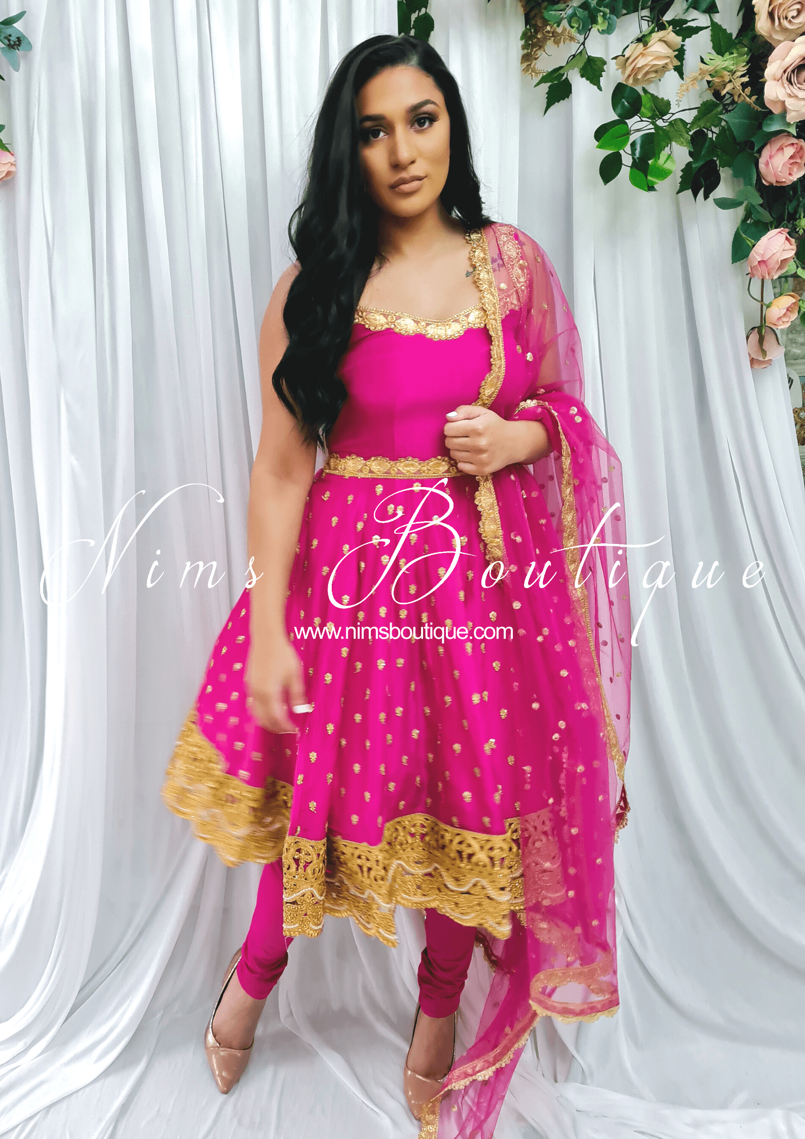 Nims Boutique The NB Luxury Hot Pink Silk Anarkali with Pajami sizes 4-16
