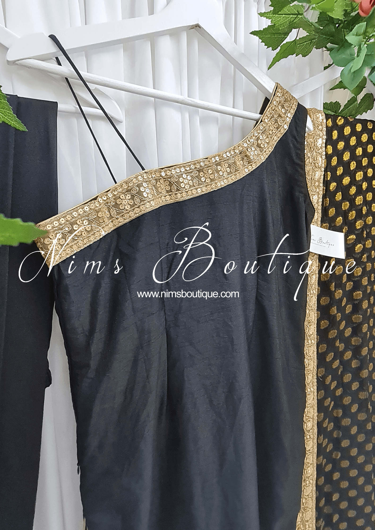 Nims Boutique One Shoulder Silk Black Pajami Suit sizes 4-16