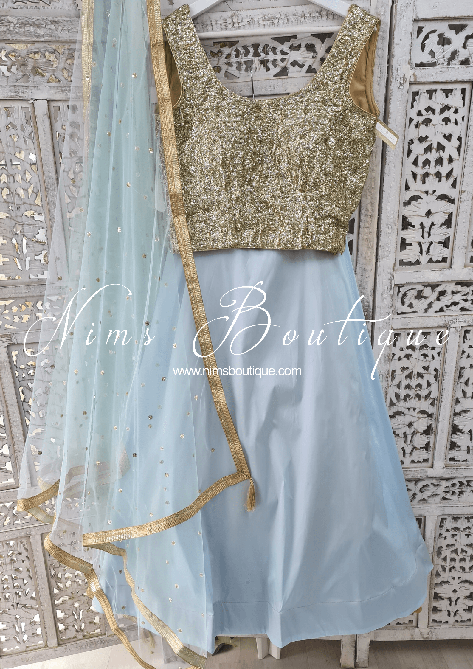Nims Boutique Light Blue Net Sequin Dupatta/Chunni
