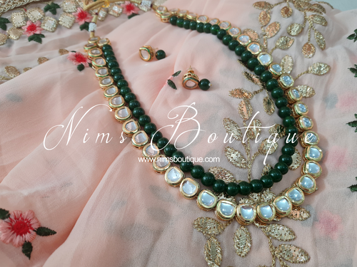 Madhuri Kundan Green Bead Pearl Haar Set