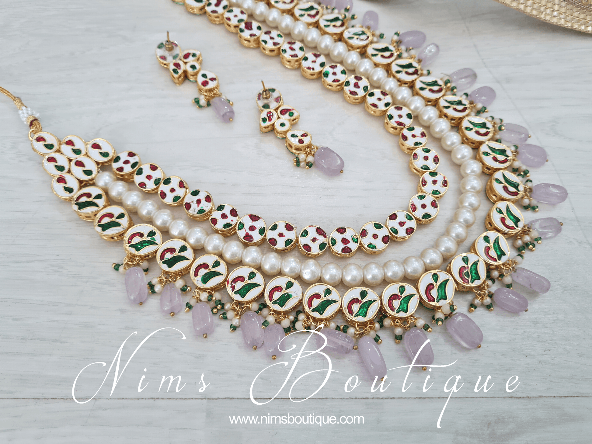 Nims Boutique Myra Blossom Kundan Lilac & Pink Haar Set