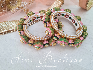 Luxury Pink & Green Meenakari Pair of Karas (various sizes)