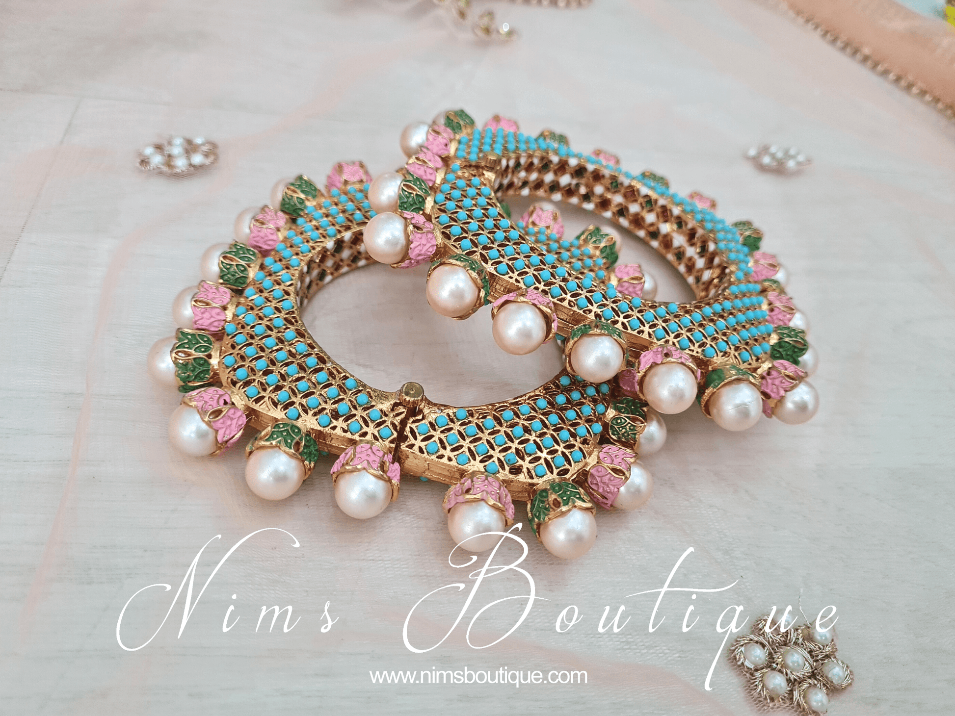 Nims Boutique Luxury Green, Pink & Turquoise Meenakari Kara various sizes