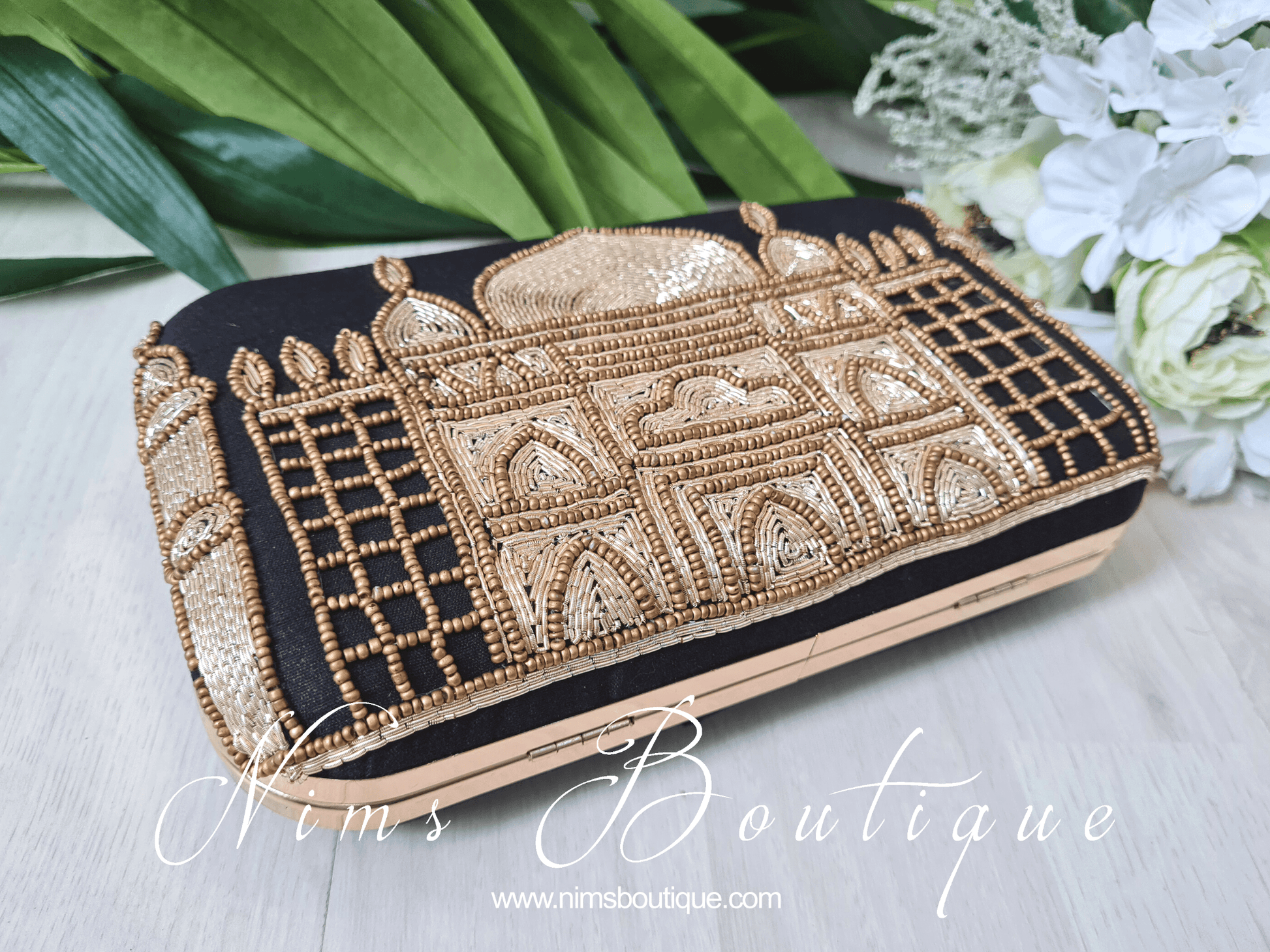 Nims Boutique Taj Black Raw Silk Clutch Bag