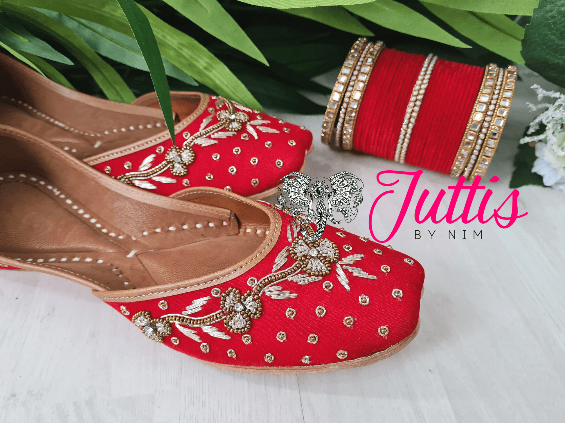 Nims Boutique Luxury Red Velvet Embroidered Leather Punjabi Juttis