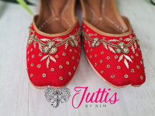 Nims Boutique Luxury Red Velvet Embroidered Leather Punjabi Juttis