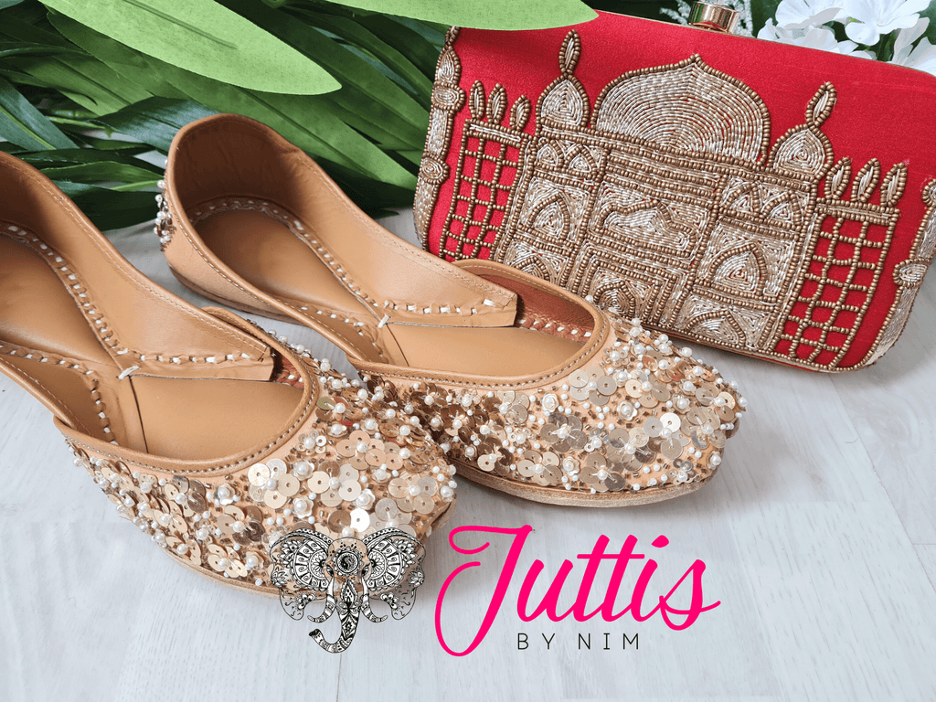 Nims Boutique Luxury Gold Sequin Leather Punjabi Juttis
