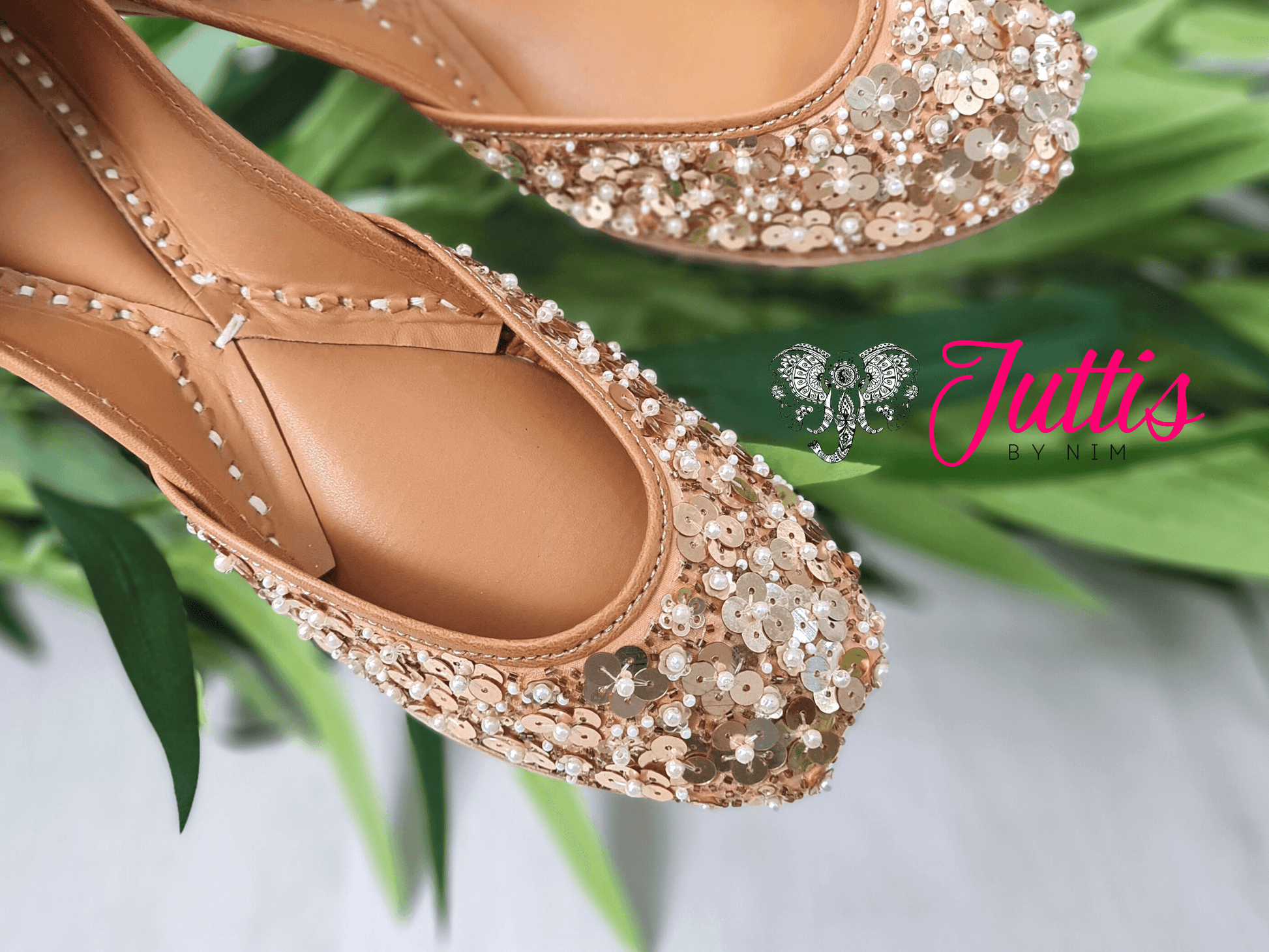 Nims Boutique Luxury Gold Sequin Leather Punjabi Juttis