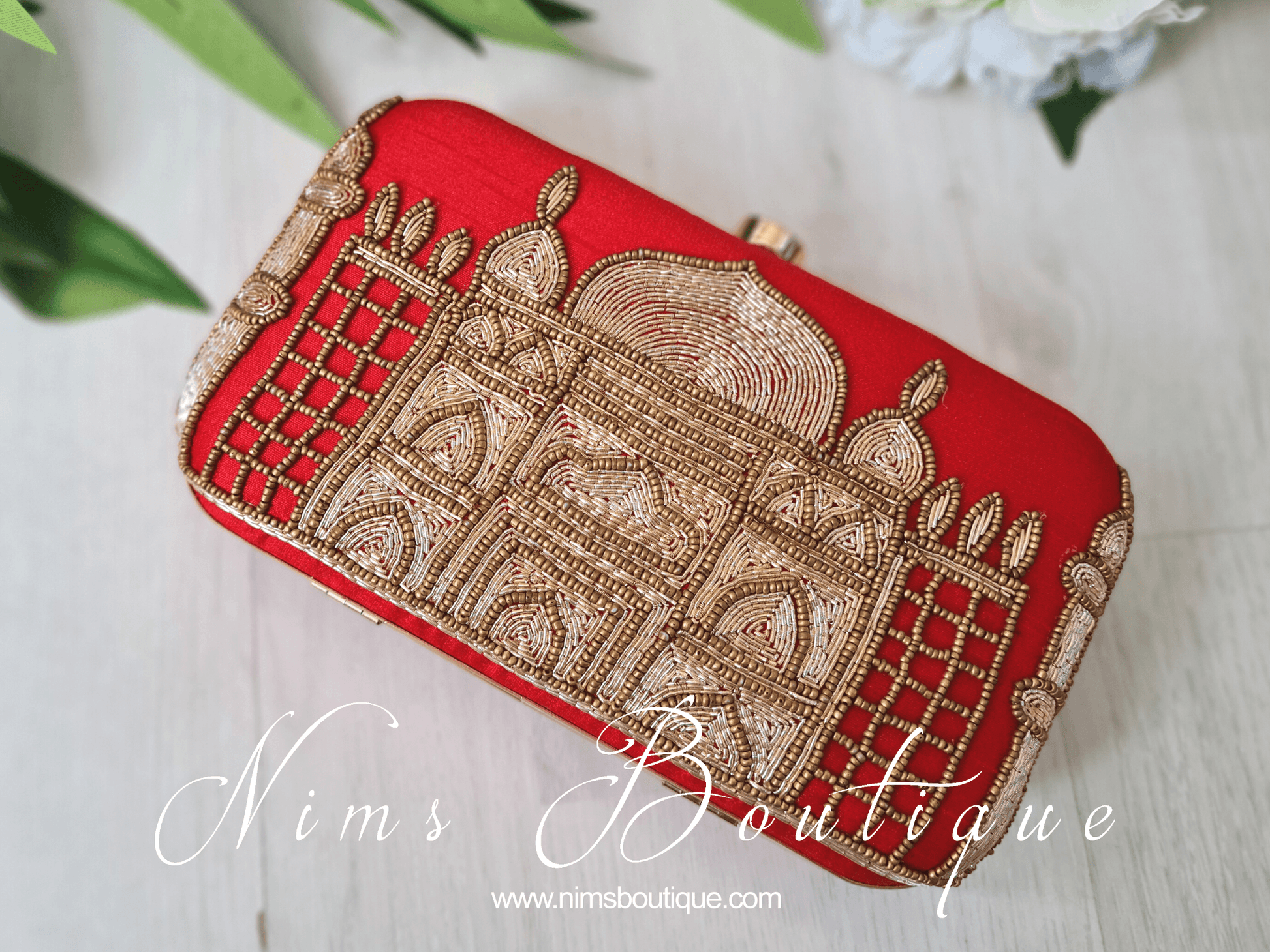 Nims Boutique Taj Red Raw Silk Clutch Bag