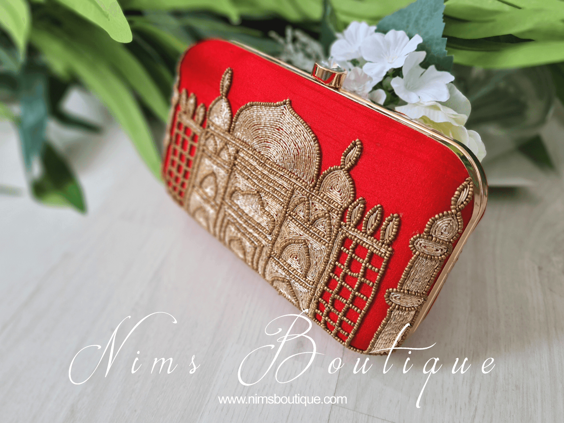 Nims Boutique Taj Red Raw Silk Clutch Bag