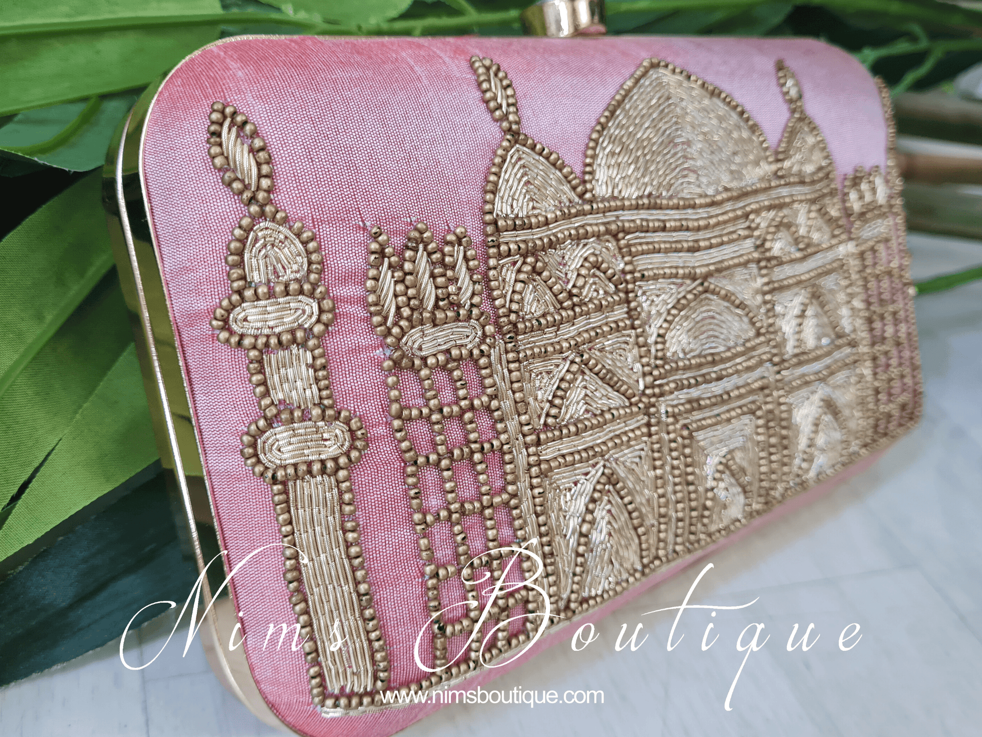 Nims Boutique Taj Blush Pink Raw Silk Clutch Bag