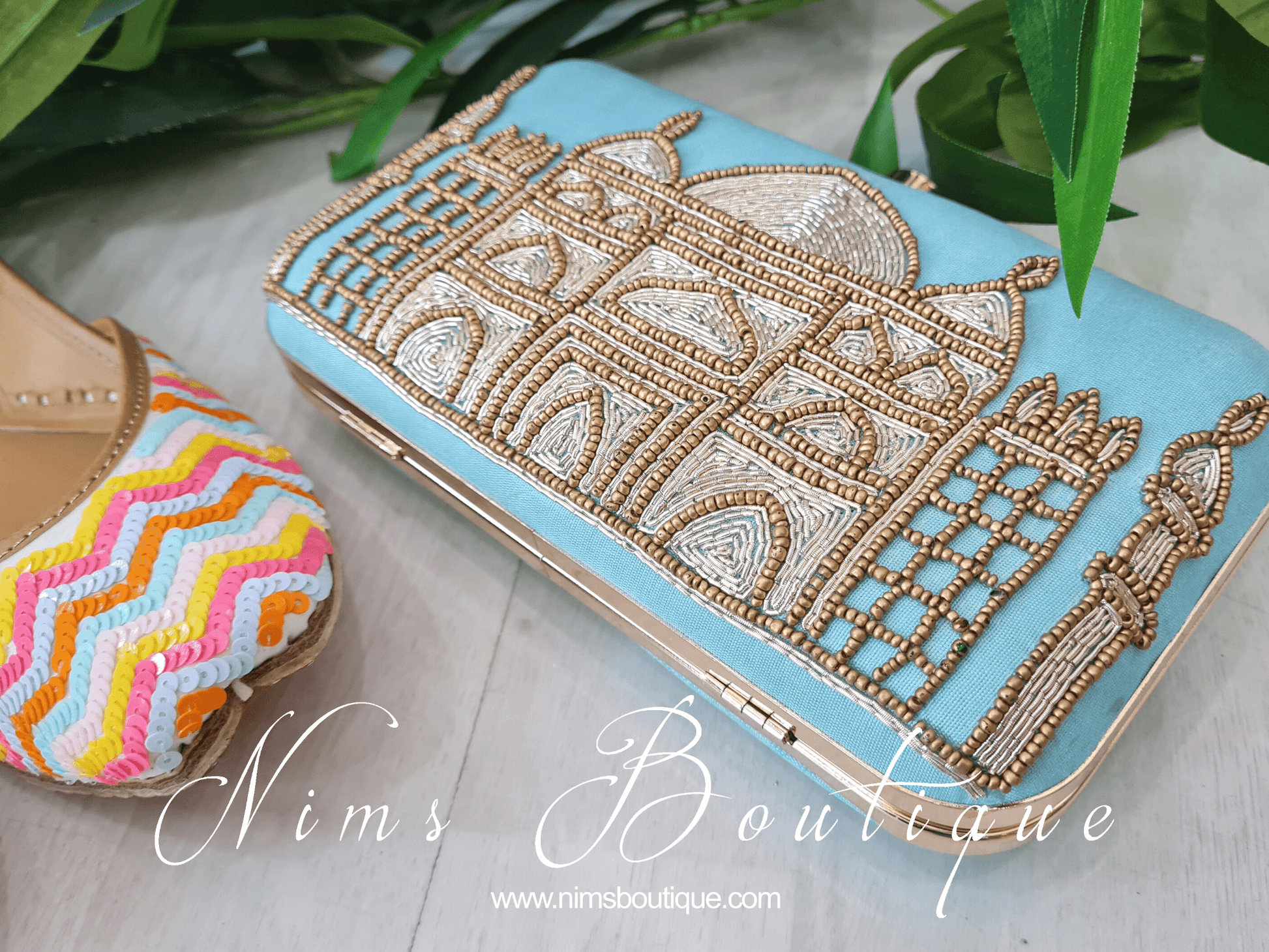 Nims Boutique Taj Duck Egg Blue Raw Silk Clutch Bag