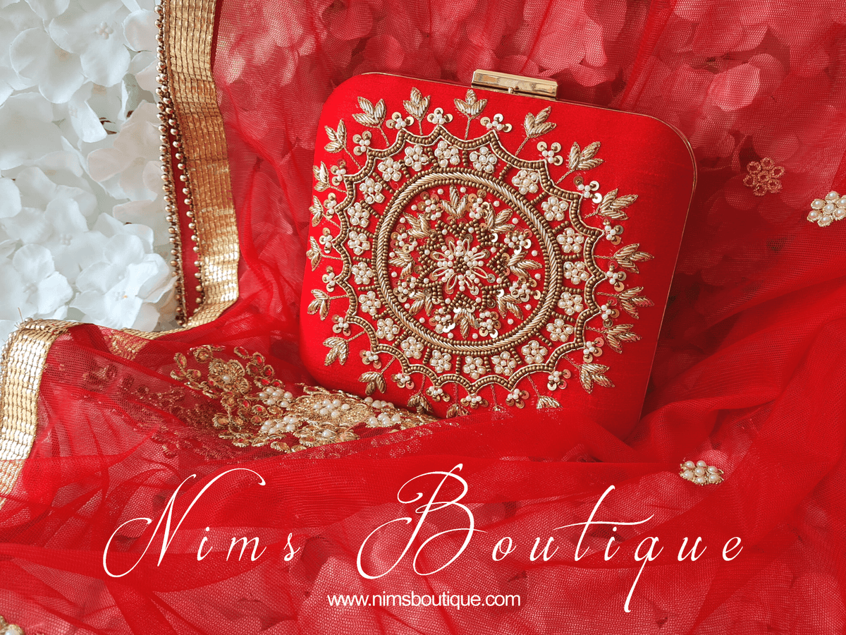 Nims Boutique Large Red Raw Silk Clutch Bag with Pearl & Gold embellishment