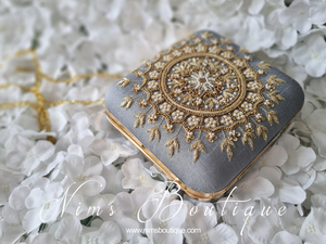 Large Grey Raw Silk Clutch Bag with Pearl & Gold embellishment