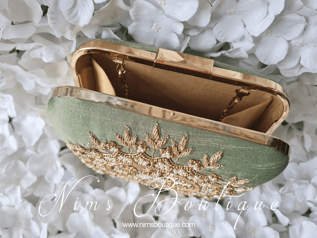 Nims Boutique Large Pistachio Raw Silk Pearl Embellished Clutch Bag