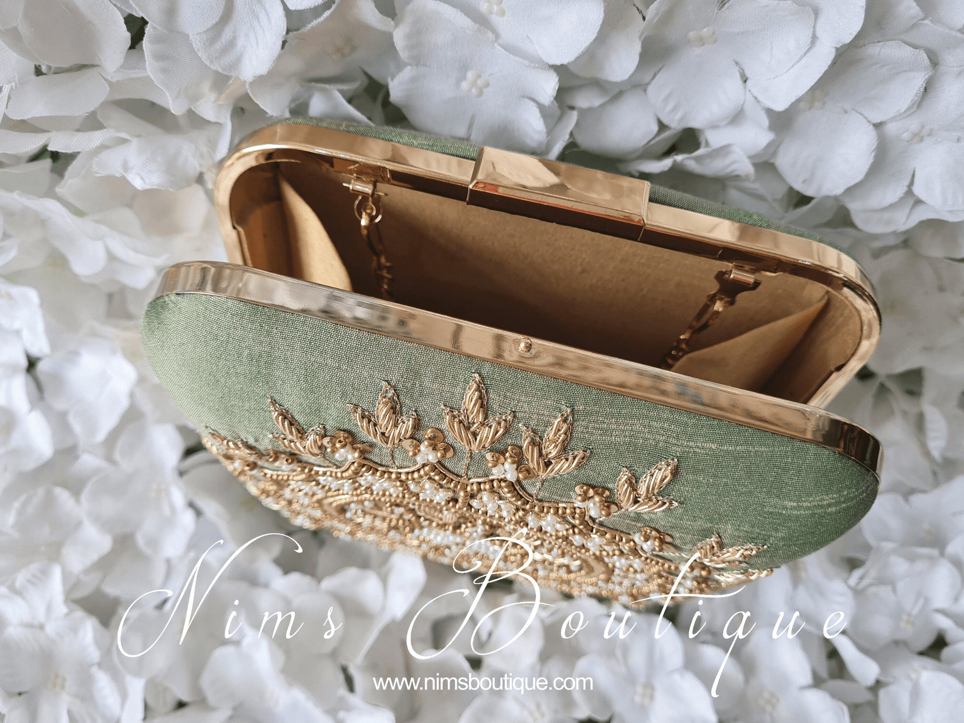 Nims Boutique Large Pistachio Raw Silk Pearl Embellished Clutch Bag