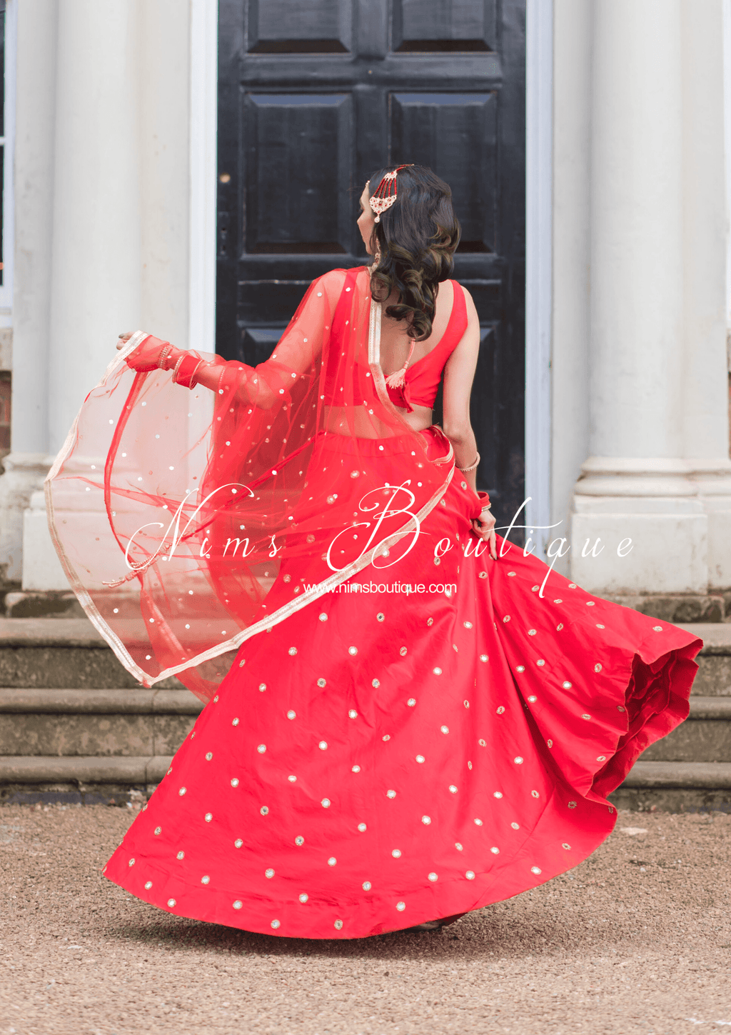 Nims Boutique Bright Red Net Sequin Dupatta/Chunni NS7