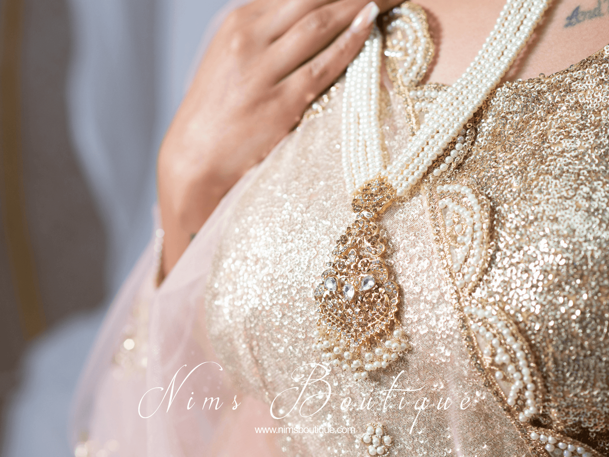 Nims Boutique Neena Pearl & Gold Long Necklace Set