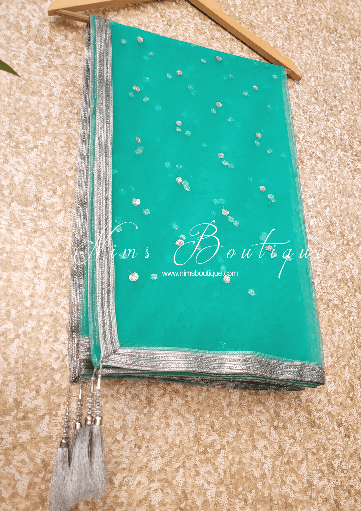 Nims Boutique Sea Green & Silver Sequin Net Sequin Dupatta/Chunni