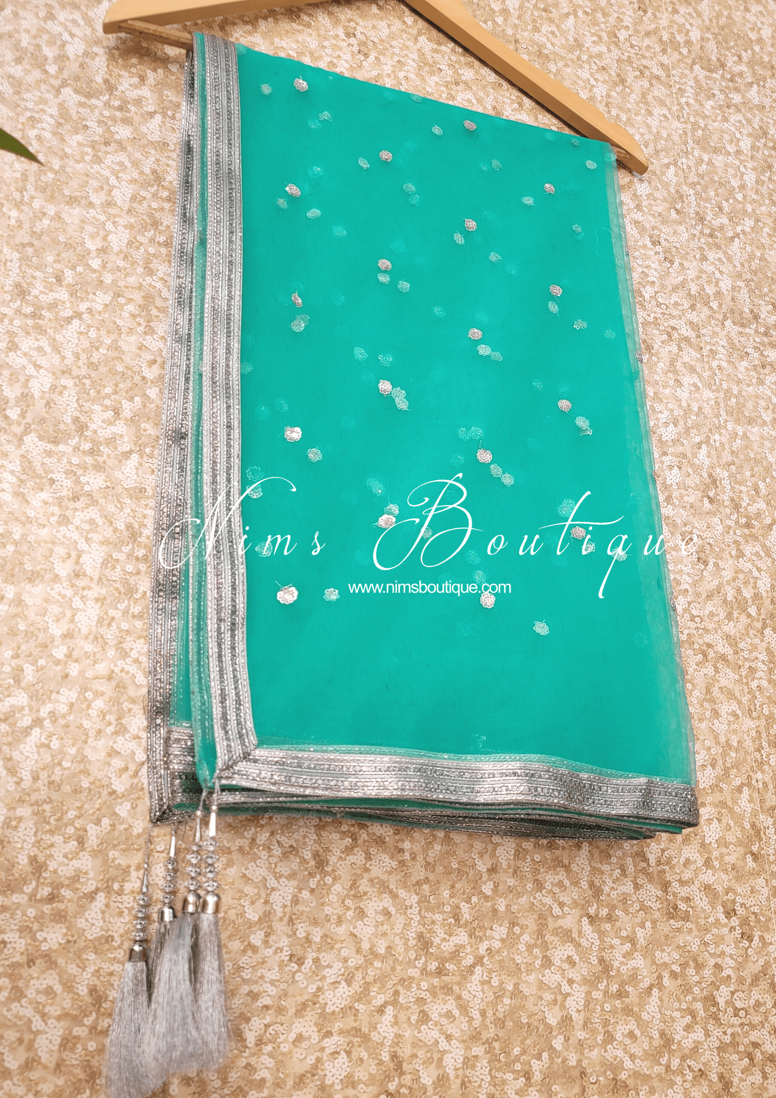 Nims Boutique Sea Green & Silver Sequin Net Sequin Dupatta/Chunni