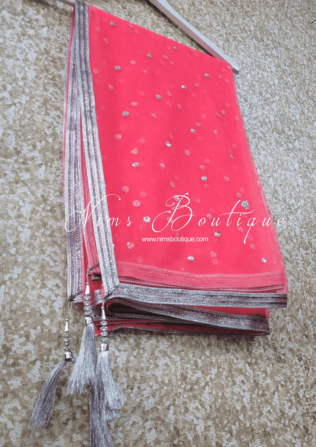 Nims Boutique Coral Pink & Silver Sequin Net Sequin Dupatta/Chunni