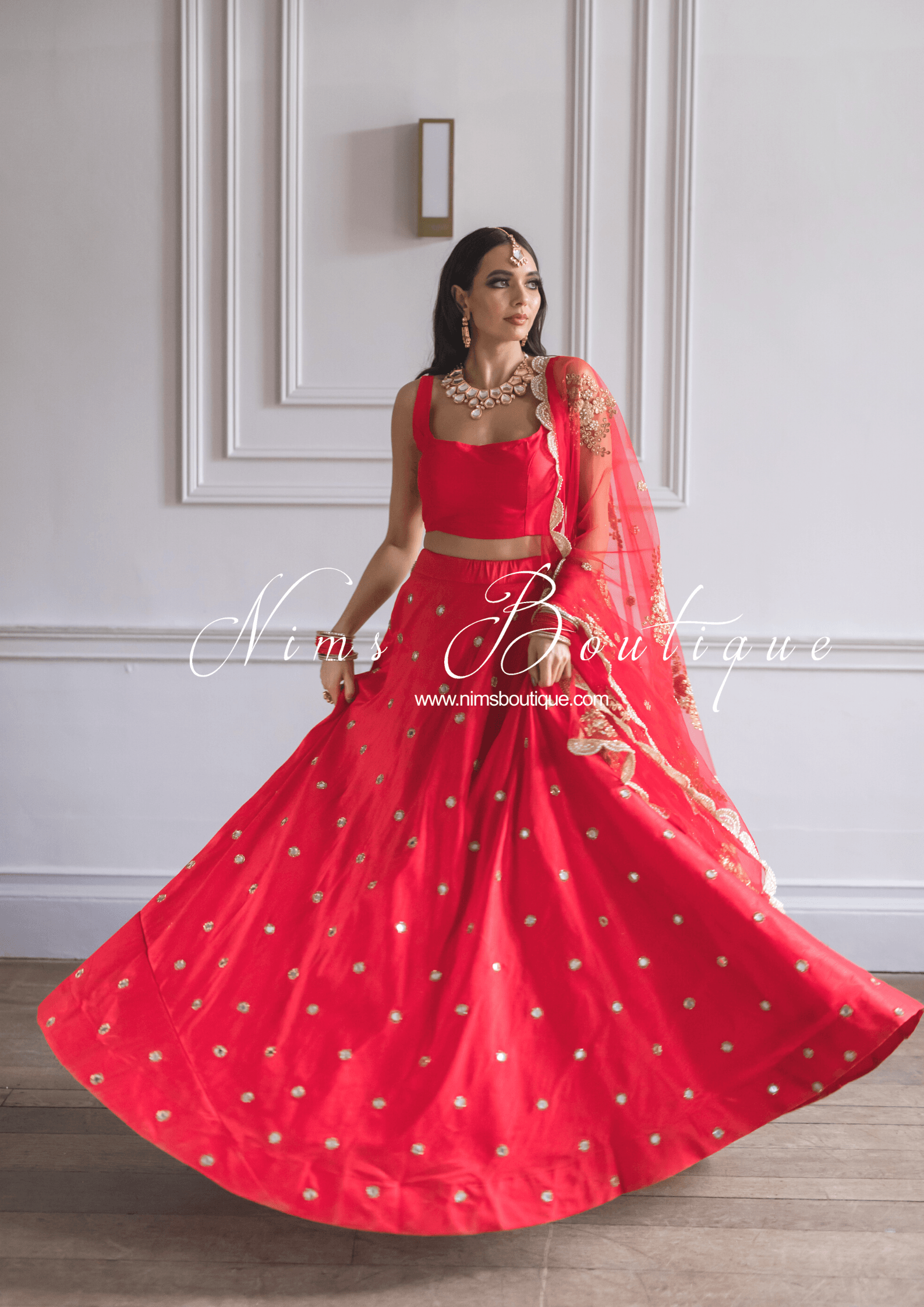 Nims Boutique Rani Luxury Red Silk Mirror readymade skirt/lehnga size 4-20