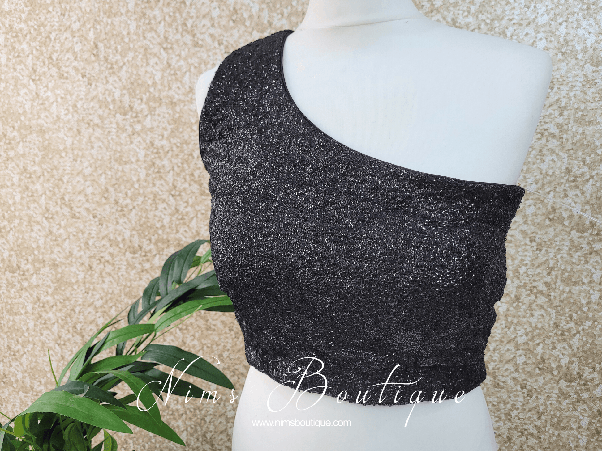 Nims Boutique Luxury One Shoulder Black Sequin Blouse 4-22