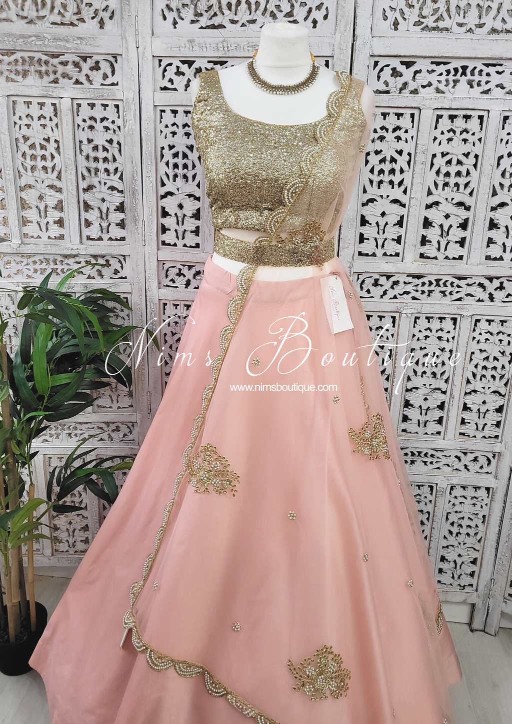 Nims Boutique Pastel Peach Net Pearl Embellished Dupatta/Chunni with Luxury Pearl Edging