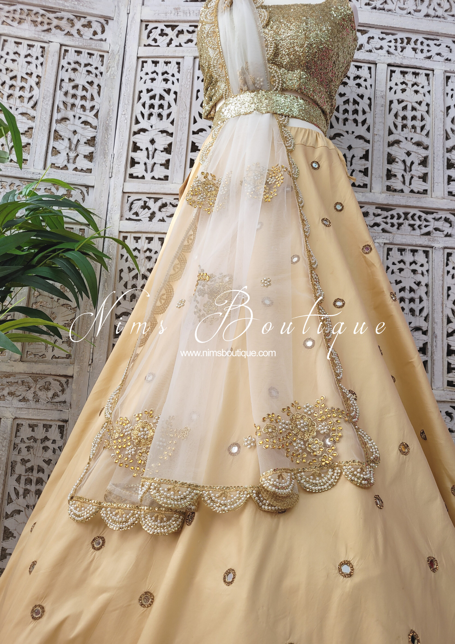 Nims Boutique White Net Pearl Embellished Dupatta/Chunni with Luxury Pearl Edging NPE2