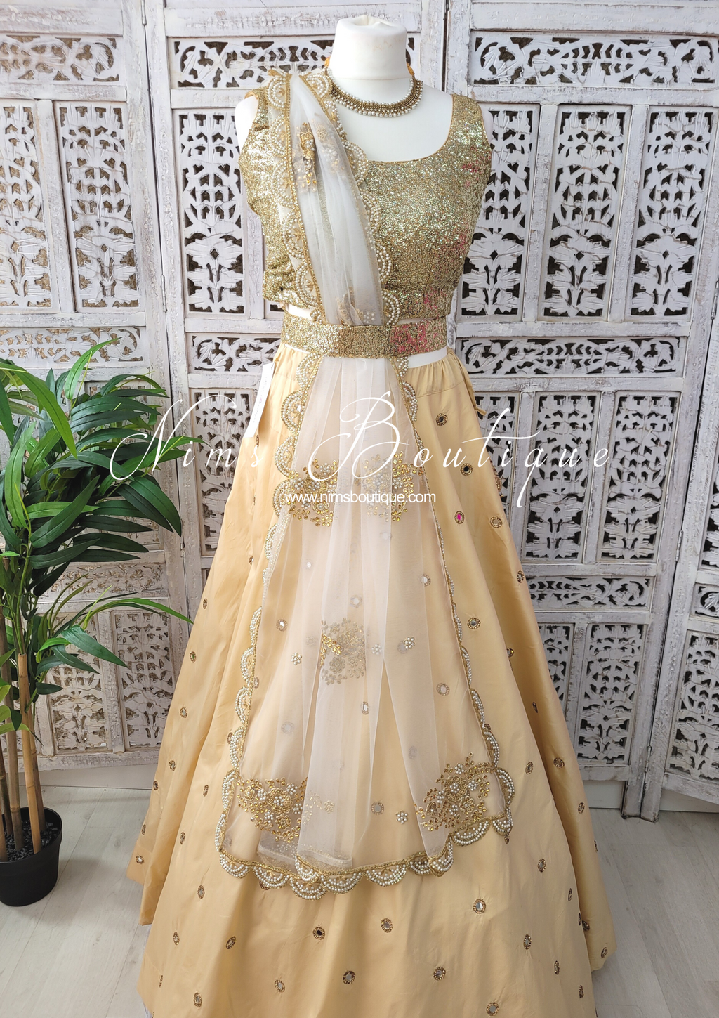 Nims Boutique White Net Pearl Embellished Dupatta/Chunni with Luxury Pearl Edging NPE2