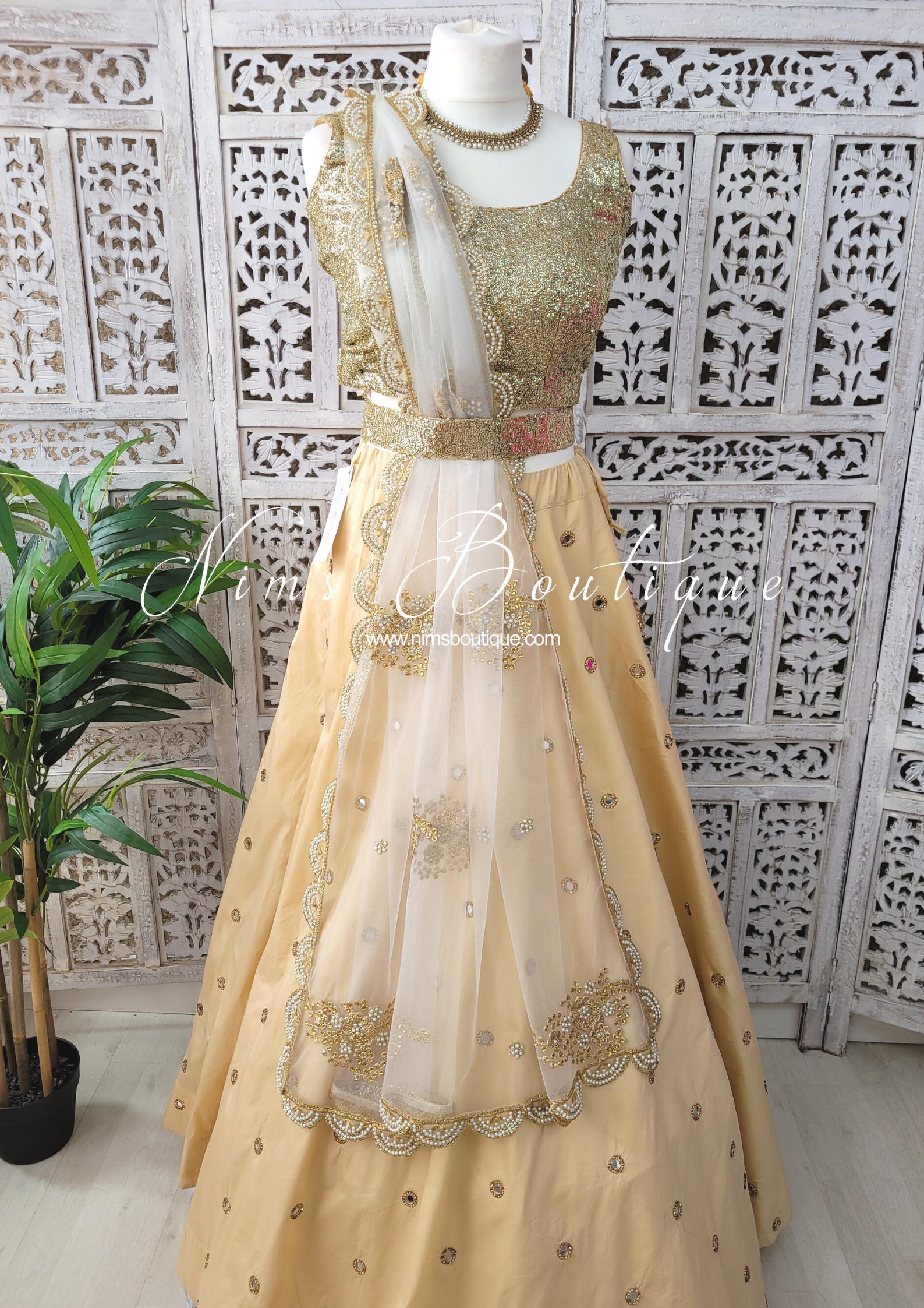 Nims Boutique White Net Pearl Embellished Dupatta/Chunni with Luxury Pearl Edging NPE2
