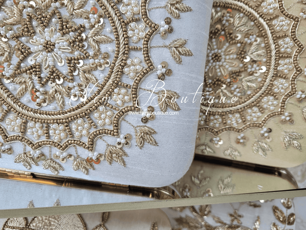 Nims Boutique Large White Raw Silk Pearl Embellished Clutch Bag