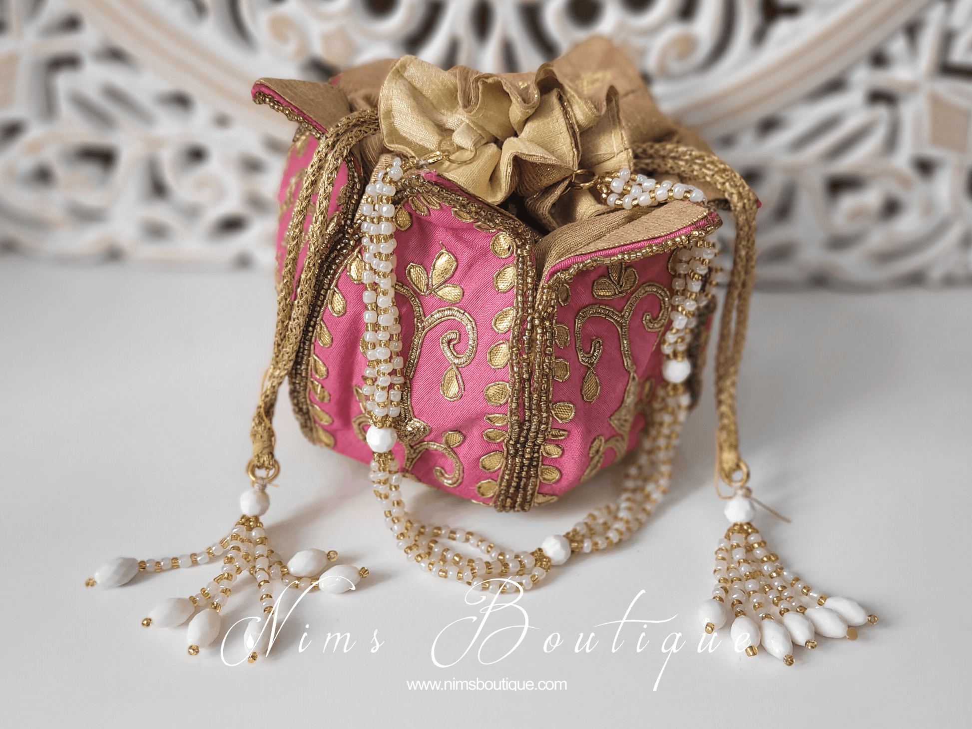Nims Boutique Pink Potli Raw Silk Embellished Bag