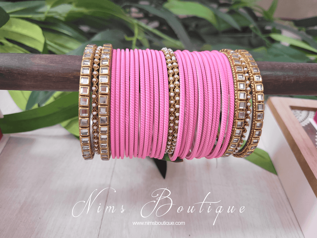 Nims Boutique Bright Baby Pink & Kundan Set of Bangles BBP1