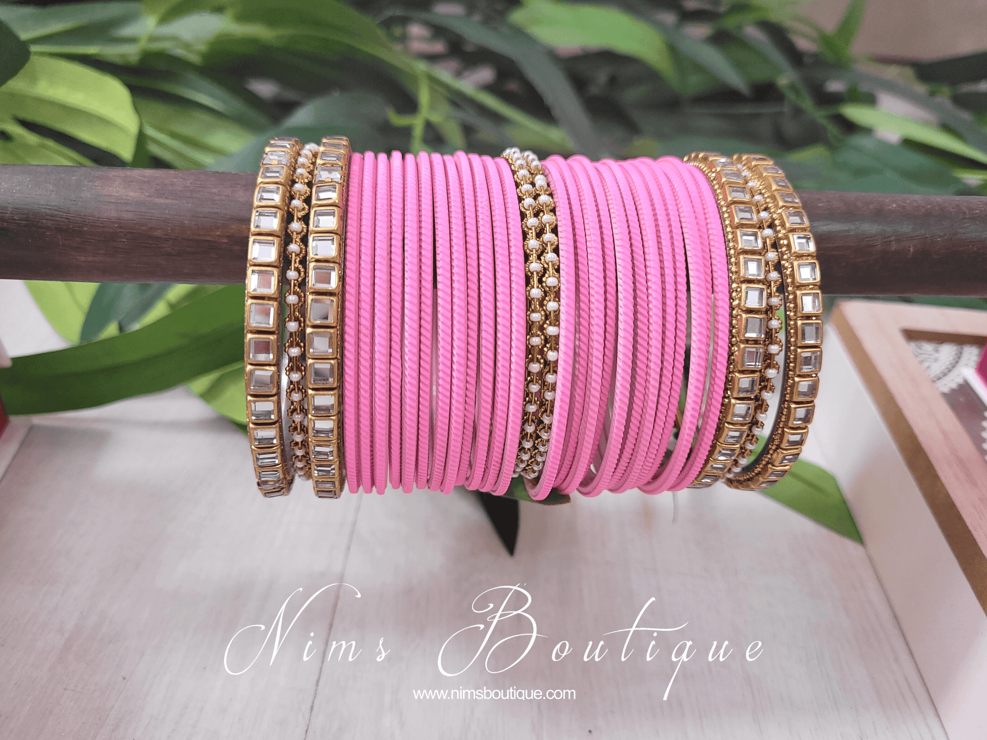 Nims Boutique Bright Baby Pink & Kundan Set of Bangles BBP1