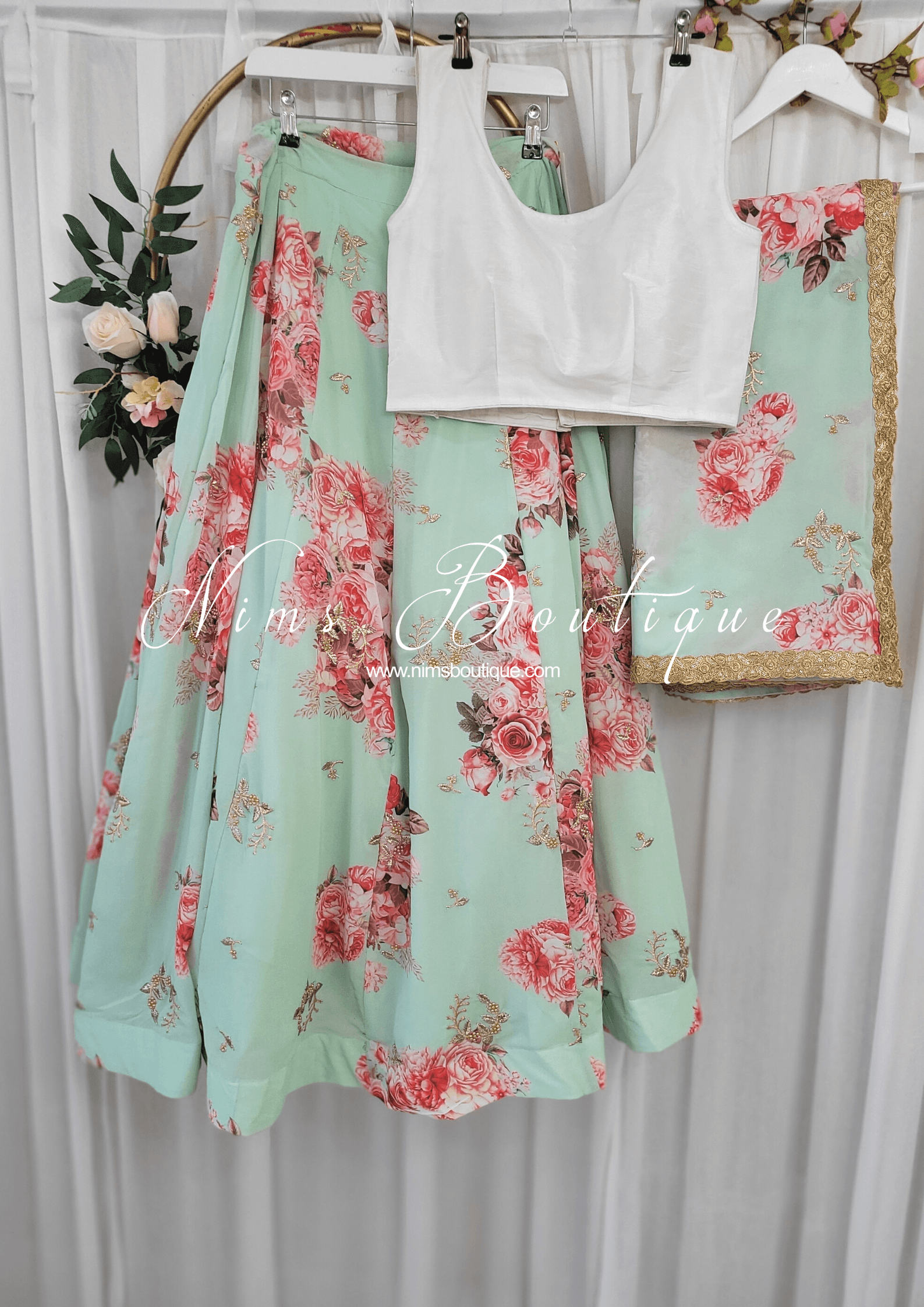 Nims Boutique La Floraison Mint Georgette Floral readymade skirt/lehnga sizes 4-26