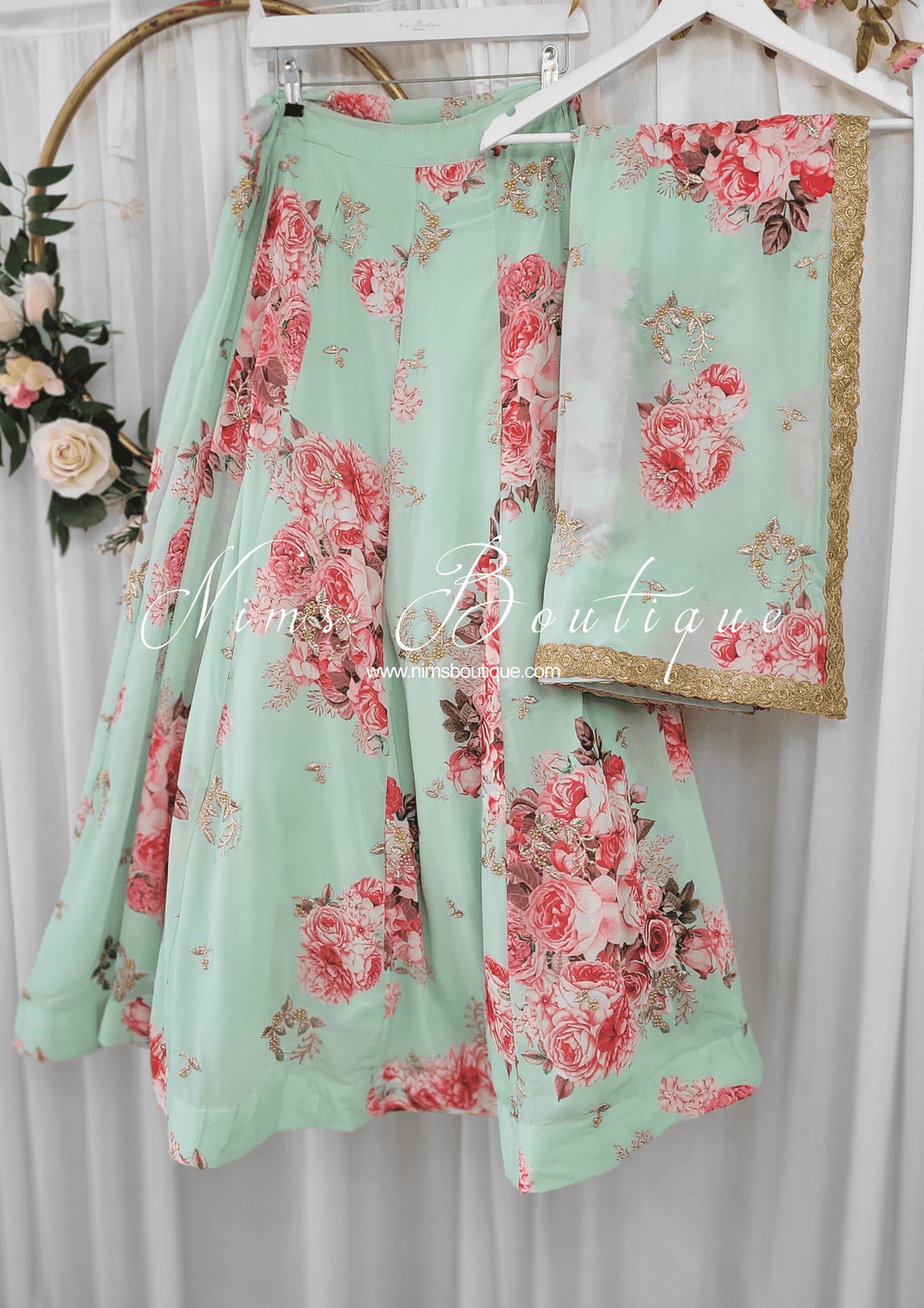 Nims Boutique La Floraison Mint Georgette Floral readymade skirt/lehnga sizes 4-26