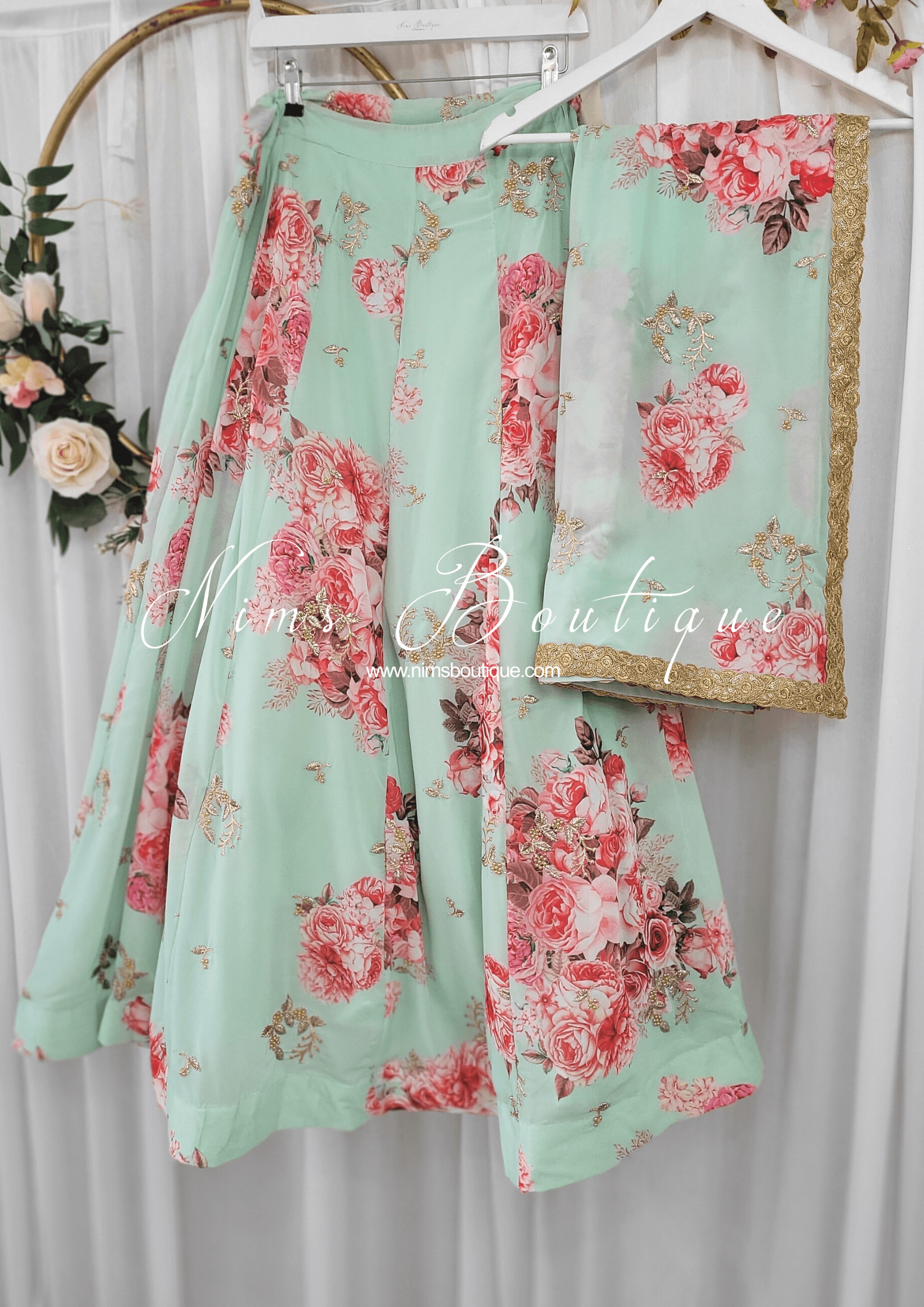 Nims Boutique La Floraison Mint Georgette Floral readymade skirt/lehnga sizes 4-26