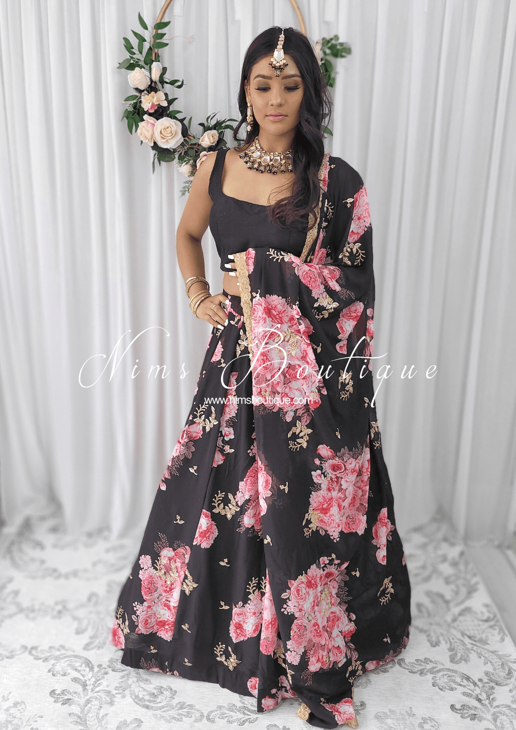 Nims Boutique La Floraison Black Georgette Floral readymade skirt/lehnga sizes 4-24