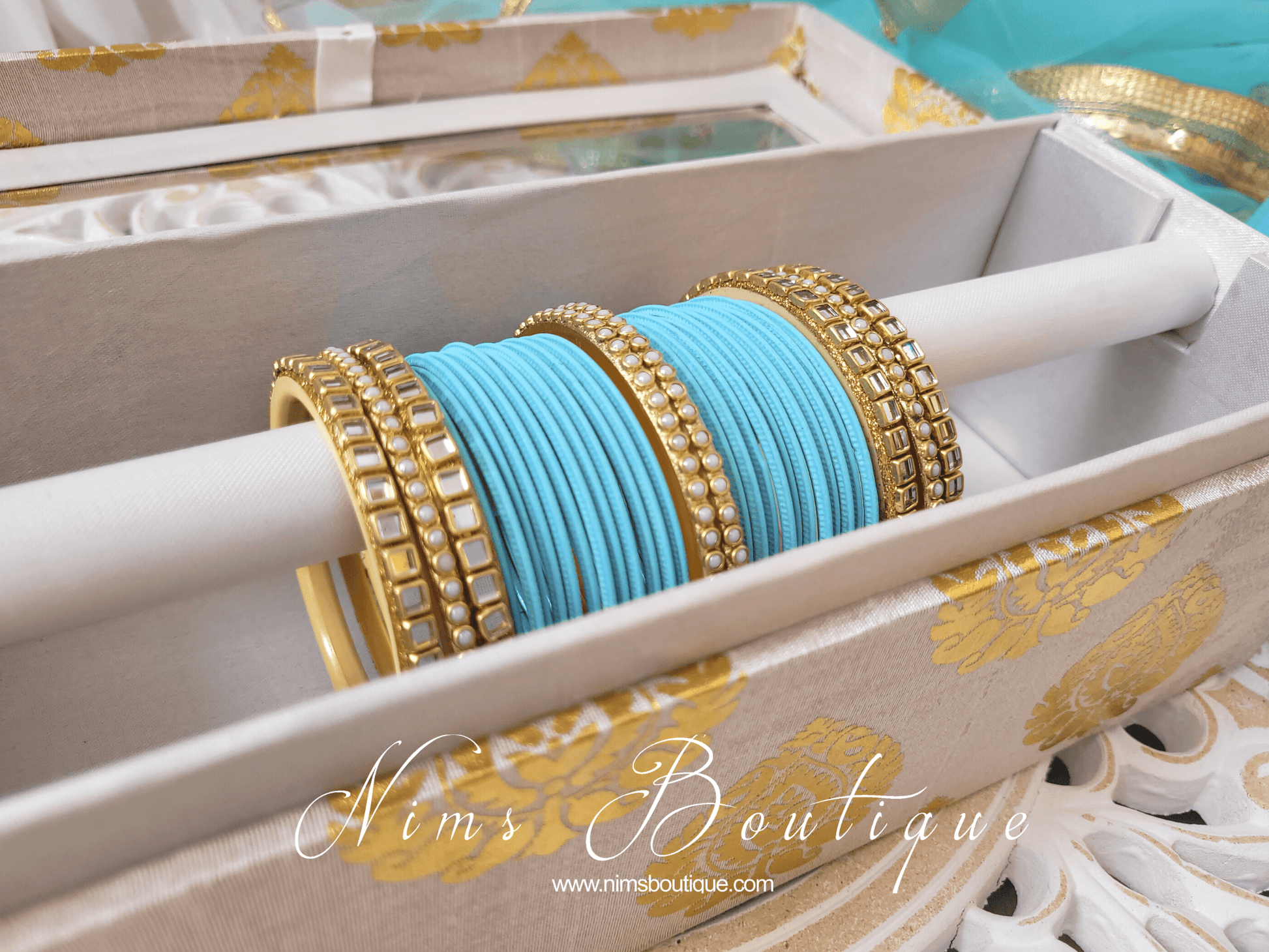 Nims Boutique Sky Blue & Kundan Set of Bangles SB1
