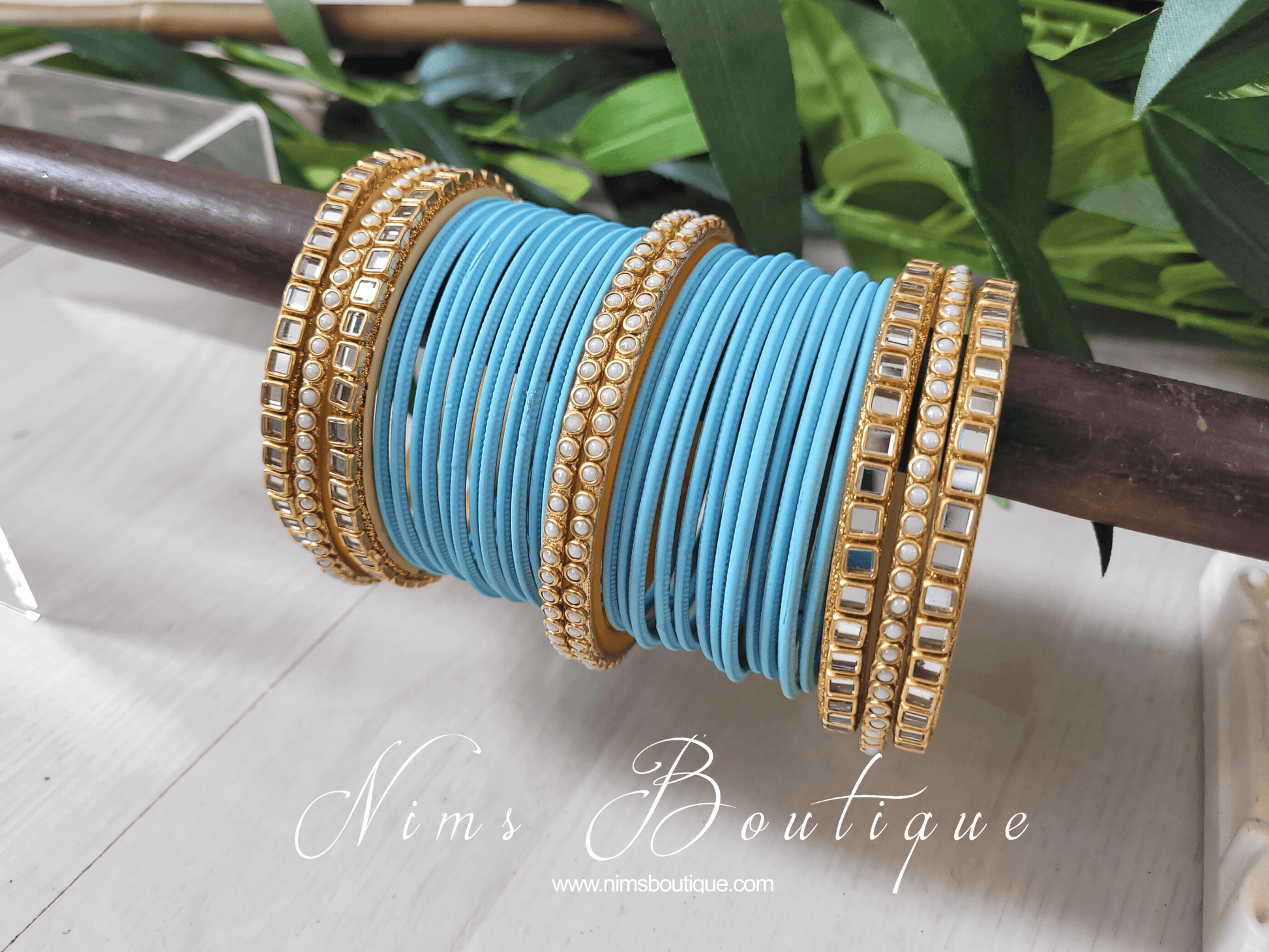 Nims Boutique Sky Blue & Kundan Set of Bangles SB1