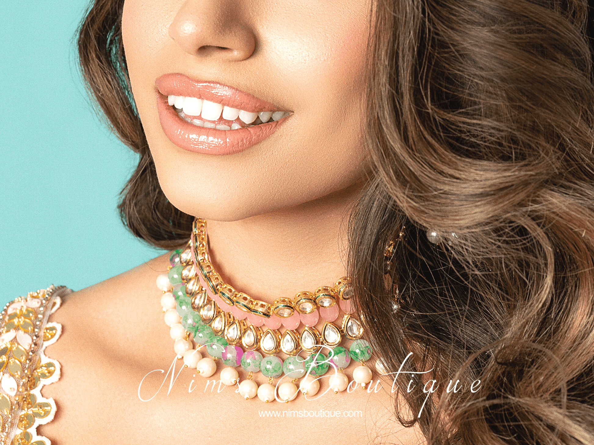 Nims Boutique Pavan Pastel Pink Kundan & Green Floral Bead Choker Set