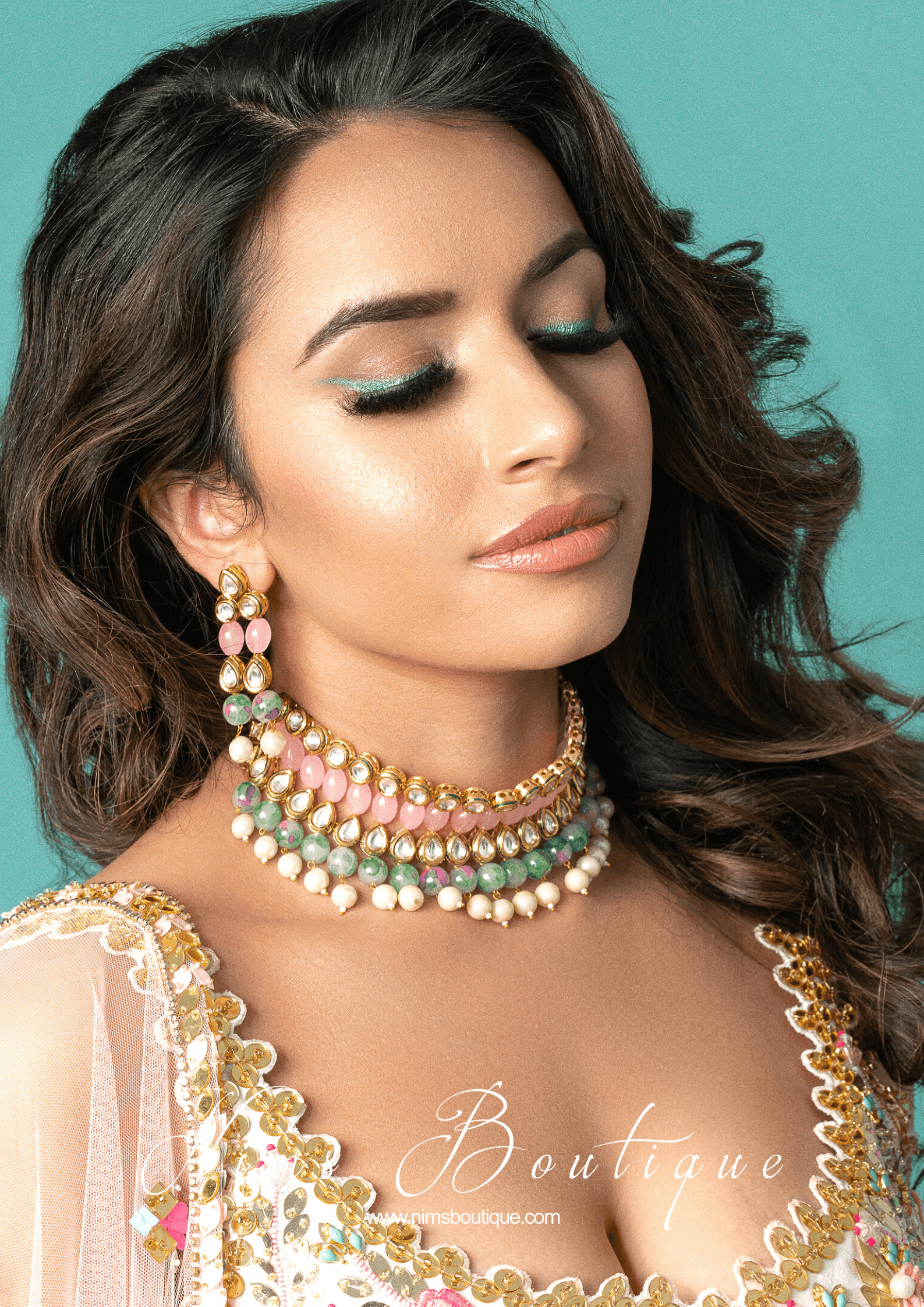 Nims Boutique Pavan Pastel Pink Kundan & Green Floral Bead Choker Set