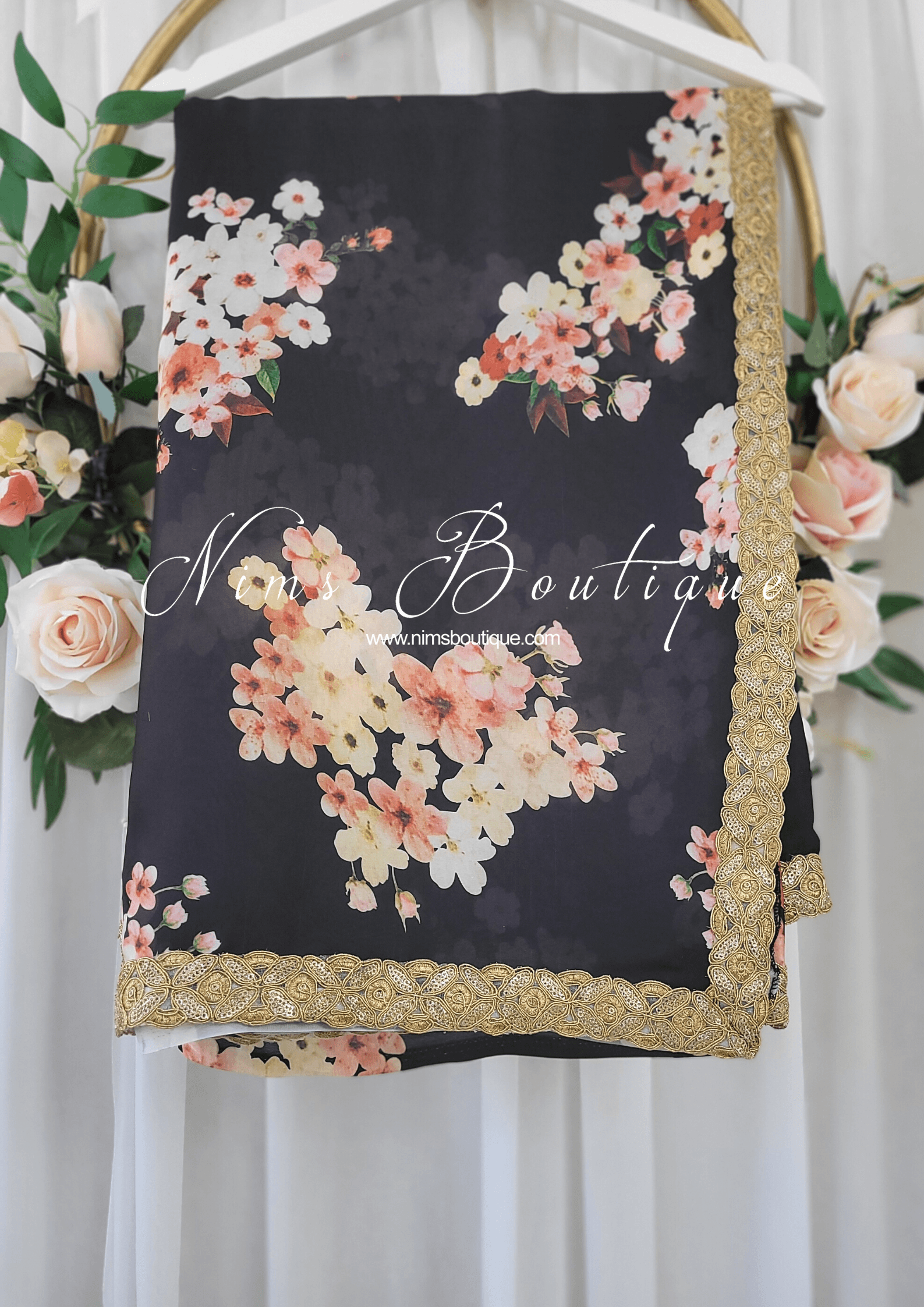 Nims Boutique La Floraison Black Floral Satin Saree