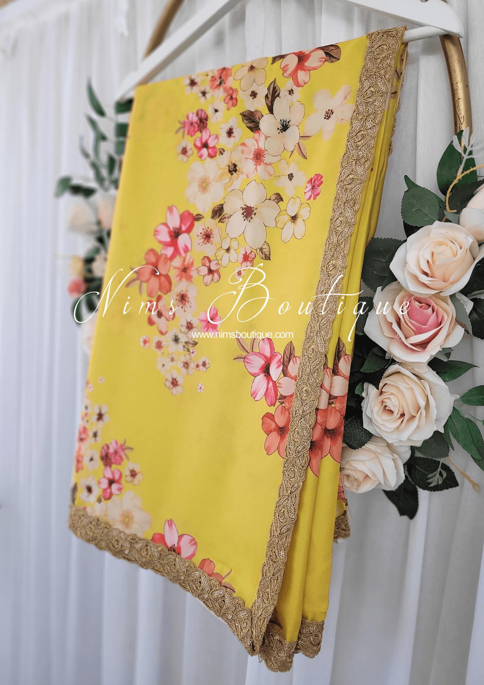 Nims Boutique La Floraison Yellow Floral Satin Saree