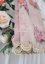 Dusky Peach Organza Floral Dupatta/Chunni with Luxury Pearl Edging