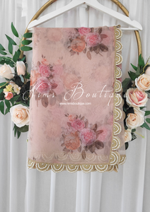 Dusky Peach Organza Floral Dupatta/Chunni with Luxury Pearl Edging