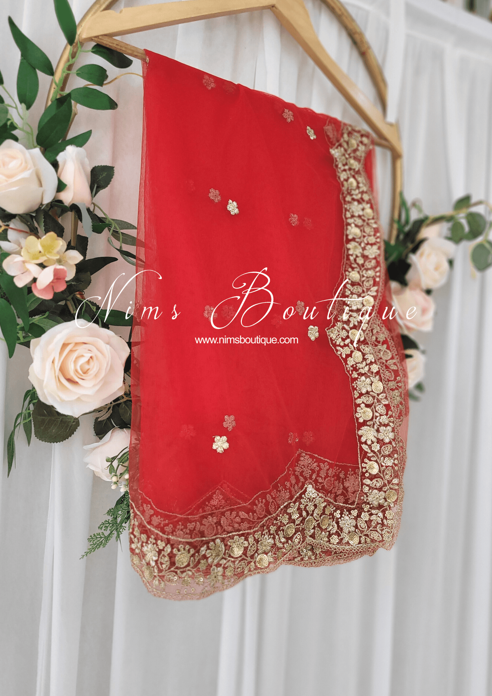 Nims Boutique Luxury Red Net Sequin Scallop Edge Dupatta/Chunni SE2