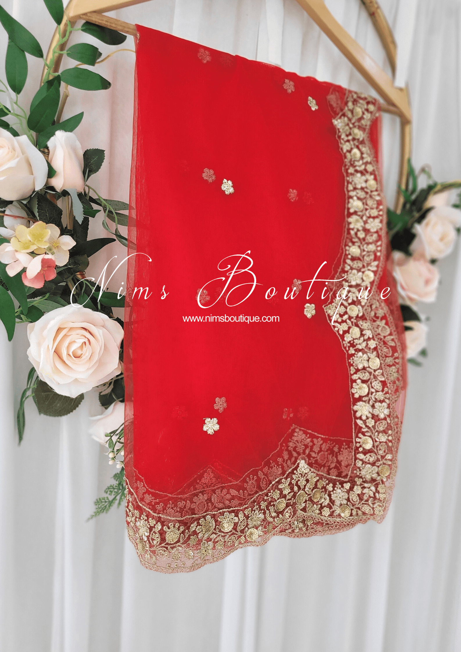 Nims Boutique Luxury Red Net Sequin Scallop Edge Dupatta/Chunni SE2